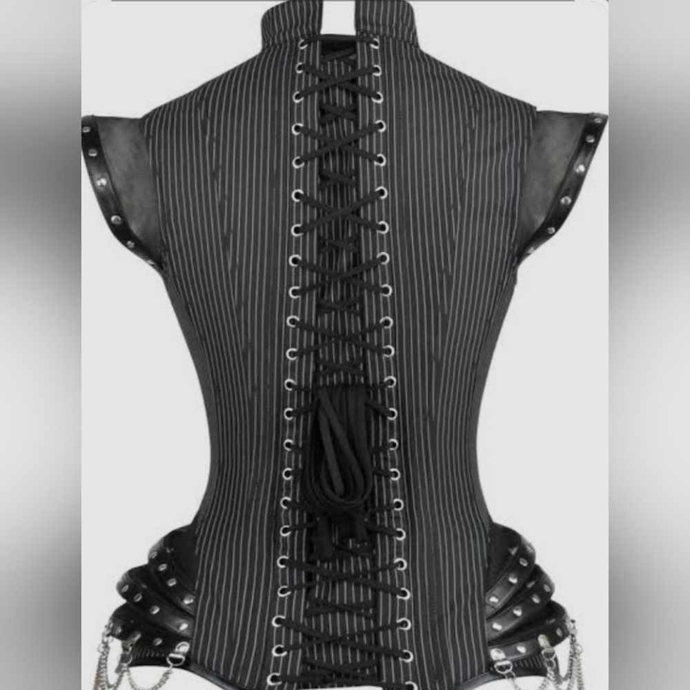 Chic Black Pinstripe Bodysuit with Chains. Brand New....Original Price $307 - Picture 3 of 5